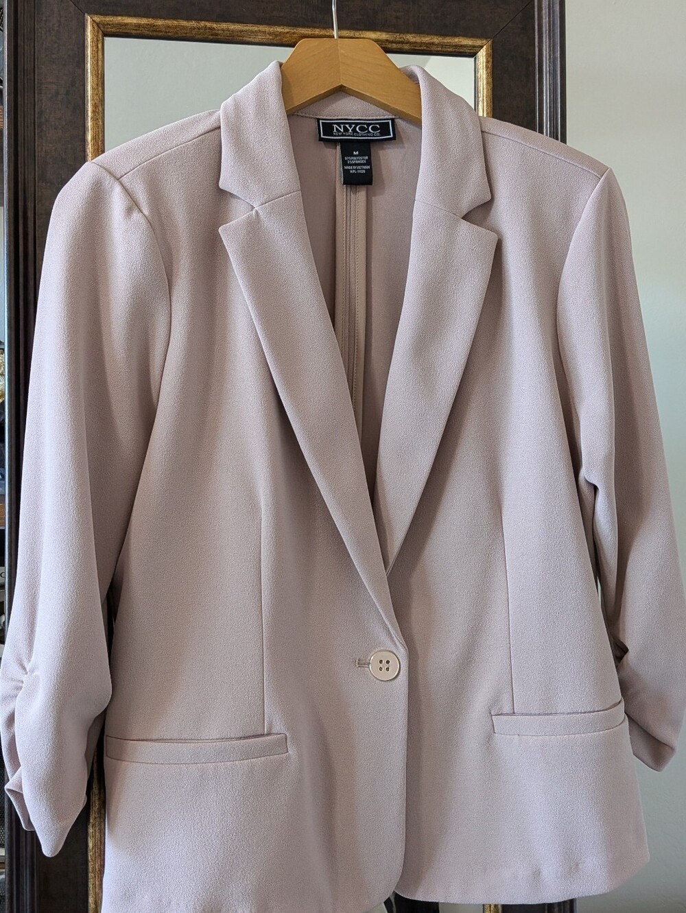 NYCC Women's Tan Single-Button Blazer 3/4 Ruched Sleeves